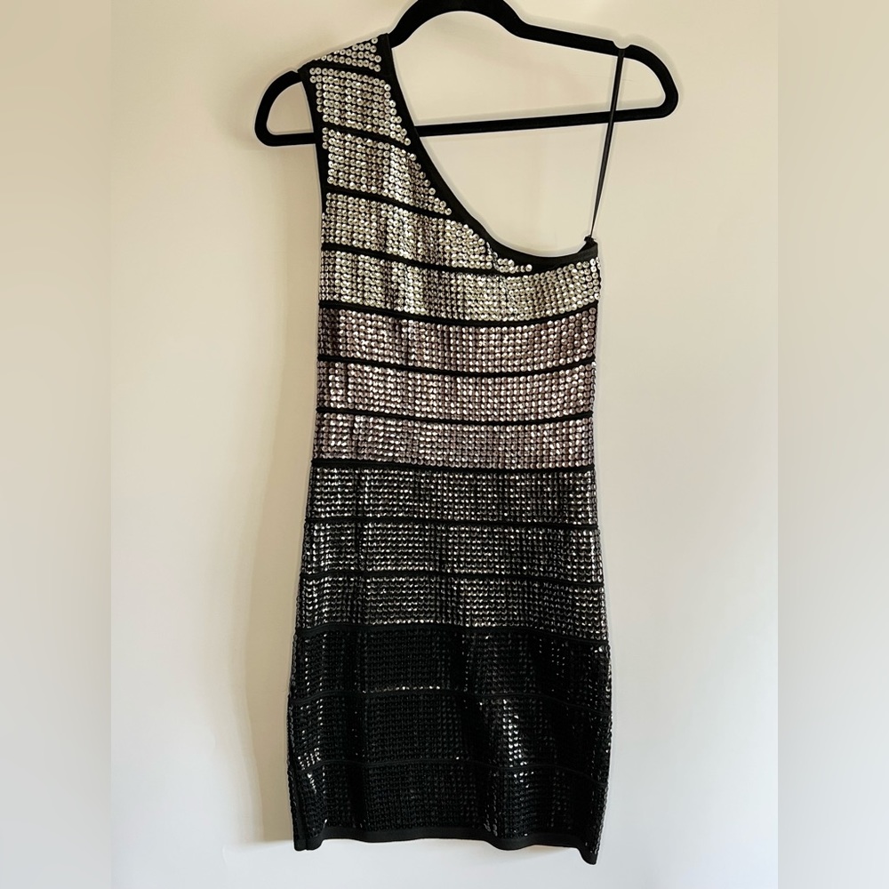 Arden B. One Shoulder Mini Dress Sequin Black Silver Rose Gold, Small